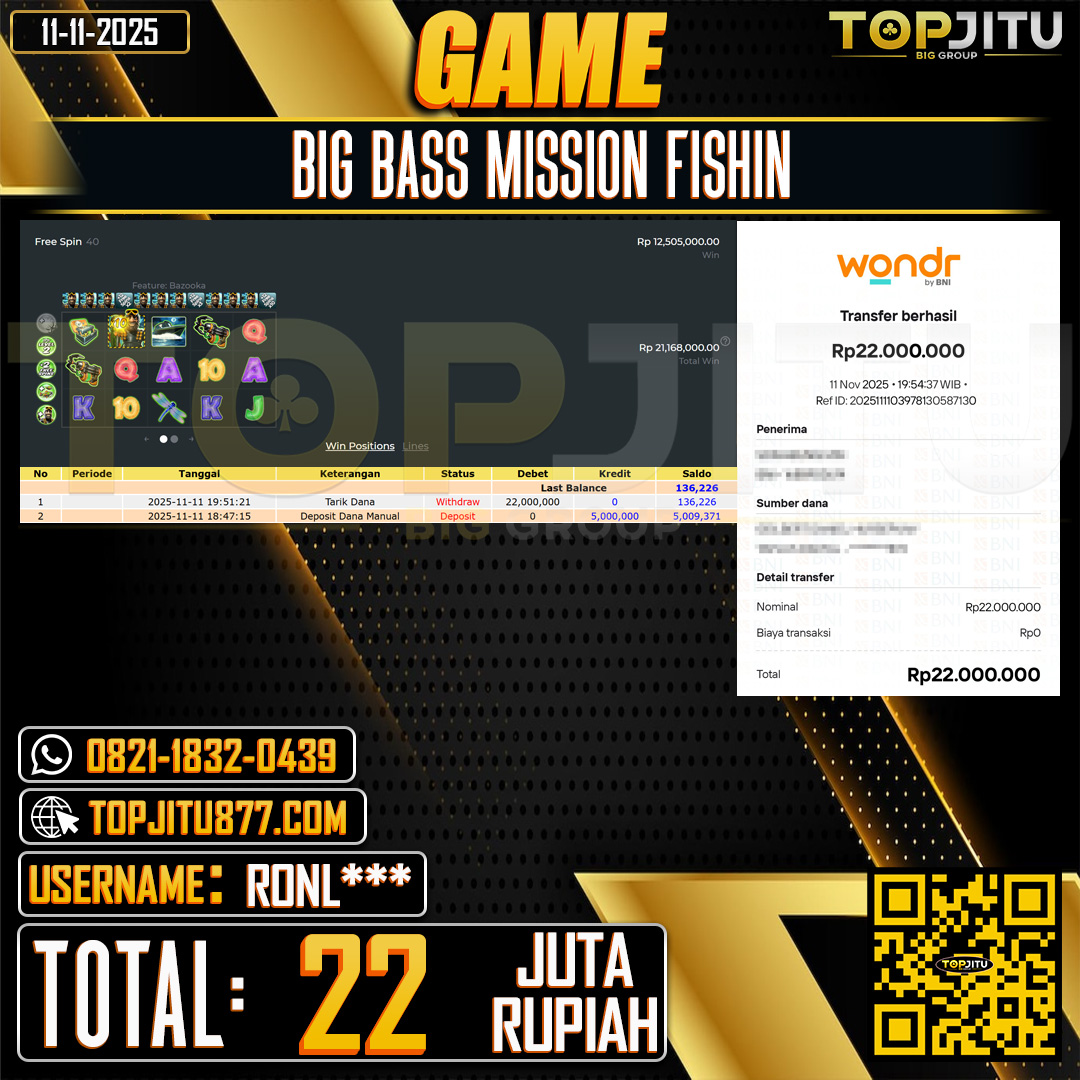 TOPJITU JACKPOT SLOT BIG BASS  MISSION FISHIN Rp.22.000.000 ,- LUNAS USER ID: RONL***