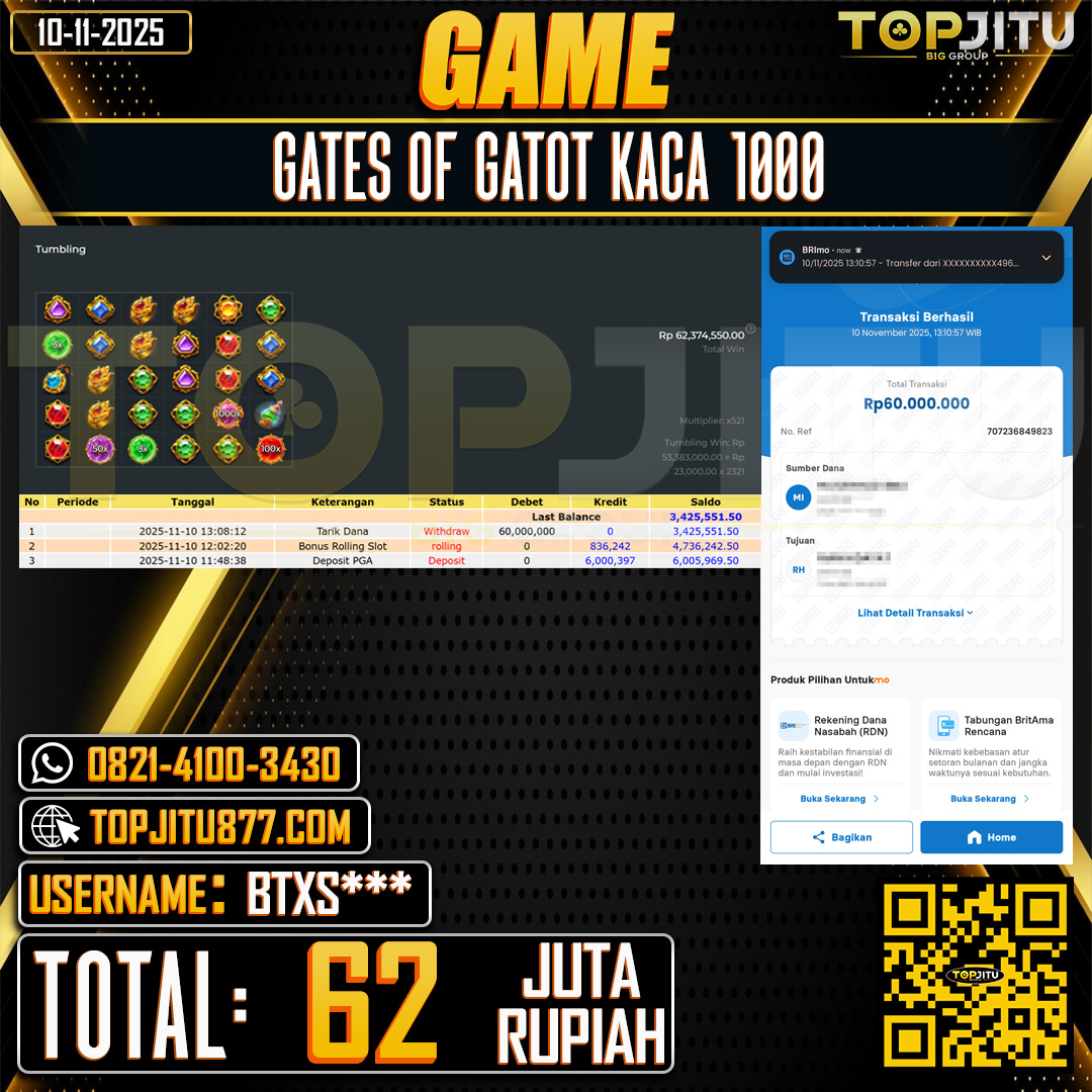   TOPJITU JACKPOT SLOT  GATES OF GATOT KACA 1000 Rp.62.000.000 ,- LUNAS USER ID: BTXS***