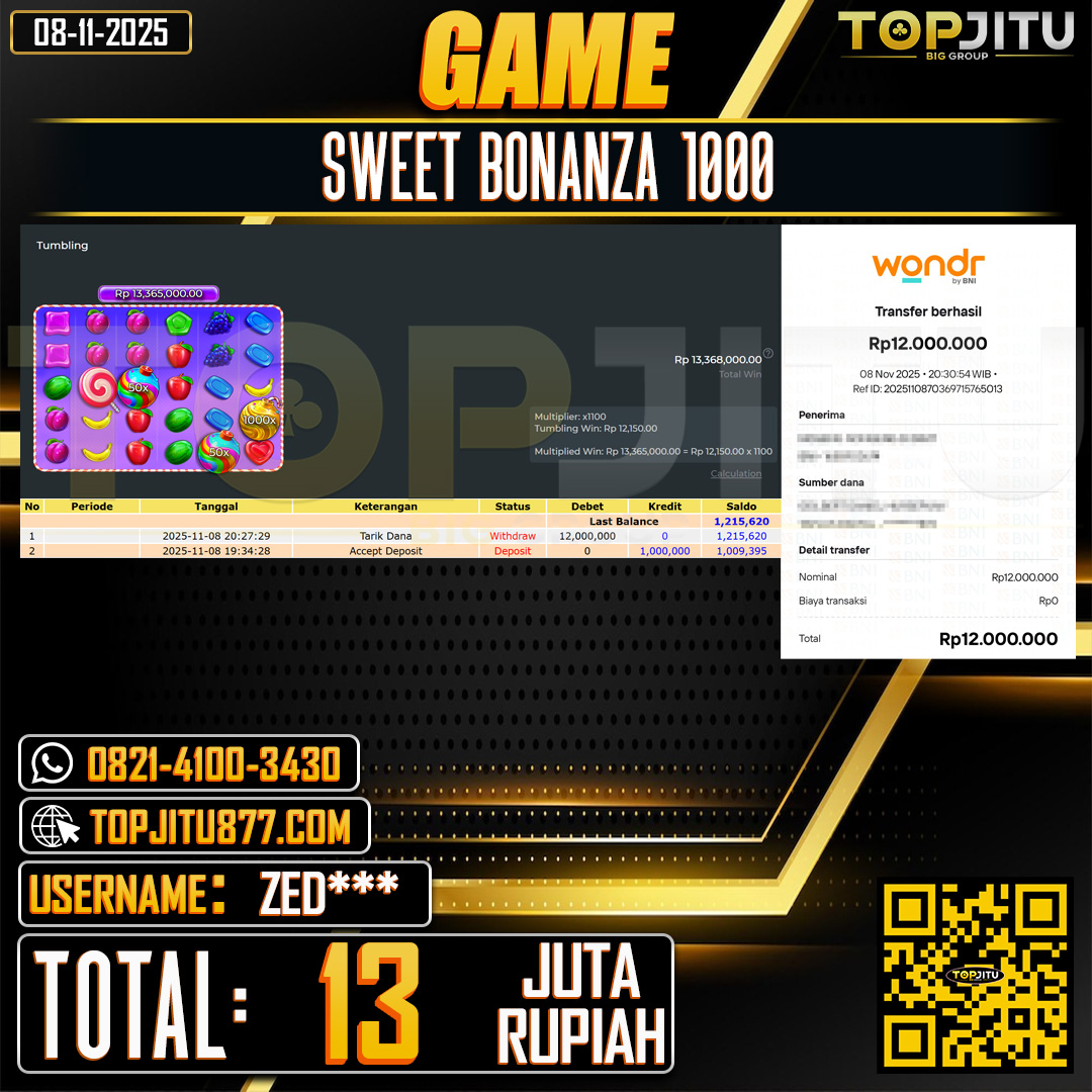   TOPJITU JACKPOT SLOT SWEET BONANZA 1000 Rp.13.000.000 ,- LUNAS USER ID: ZED***