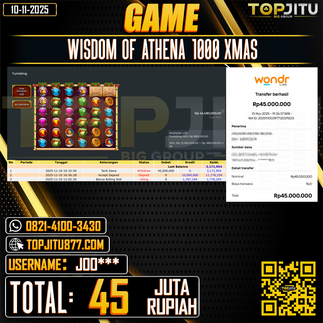   TOPJITU JACKPOT SLOT WISDOM OF ATHENA 1000 Rp.45.000.000 ,- LUNAS USER ID: JOO***