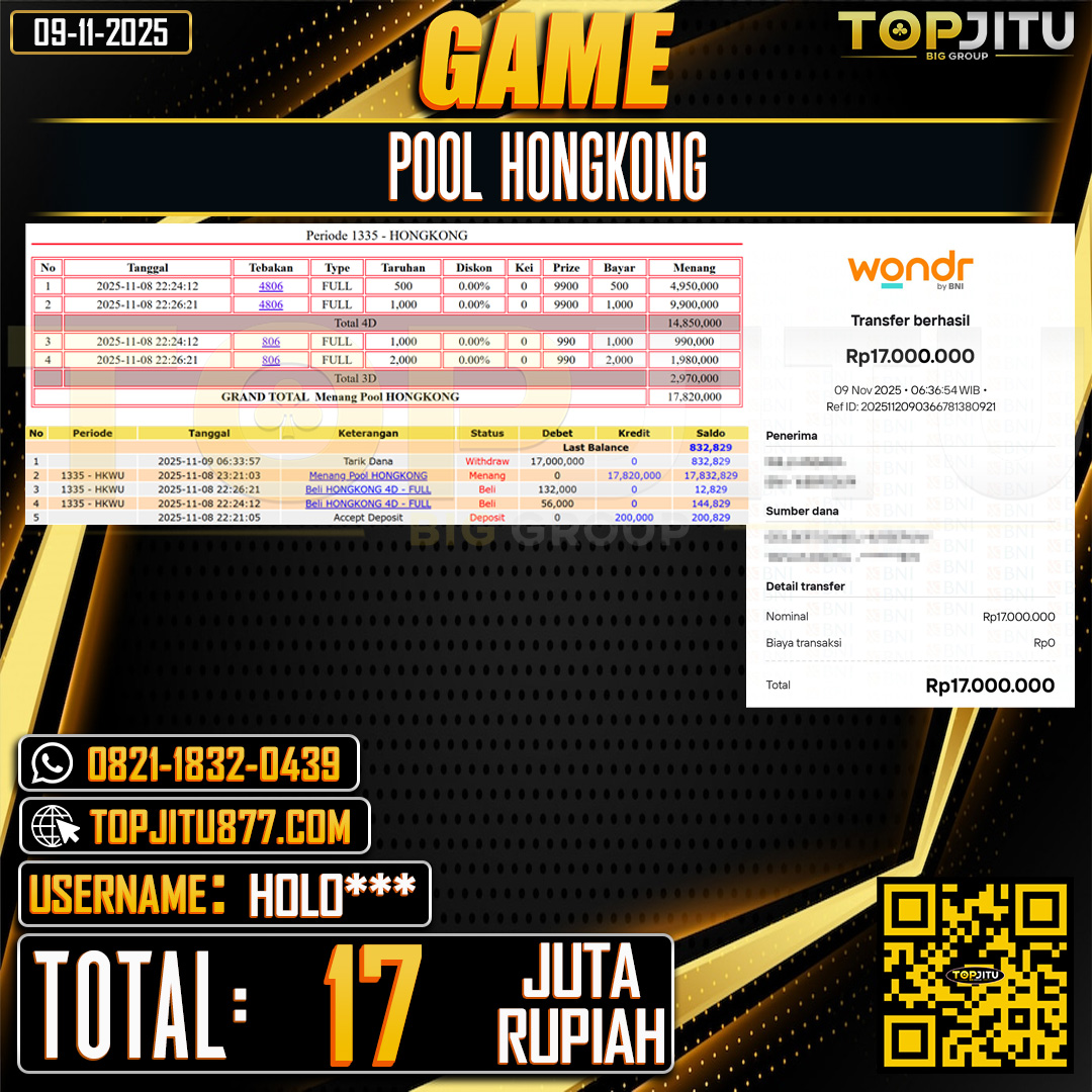   TOPJITU JACKPOT  TOGEL PASARAN HONGKONG  Rp.17.000.000 ,- LUNAS USER ID: HOLO***