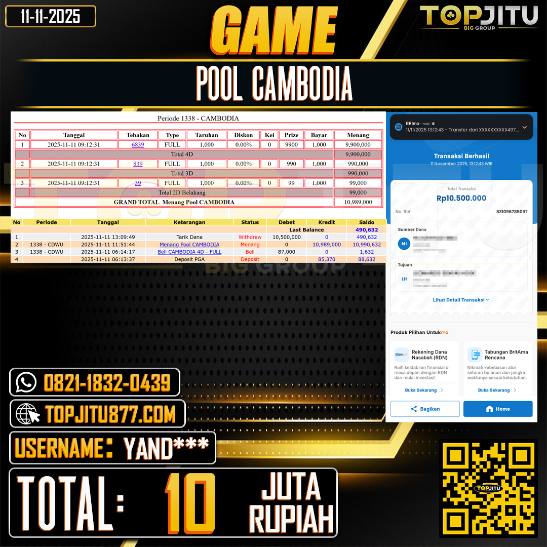 TOPJITU JACKPOT TOGEL PASARAN CAMBODIA  Rp.10.000.000 ,- LUNAS USER ID: YAND***