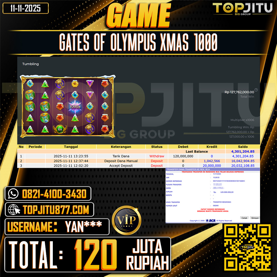 TOPJITU JACKPOT SLOT GATES OF OLYMPUS XMAS 1000 Rp.120.000.000 ,- LUNAS USER ID: YAN***