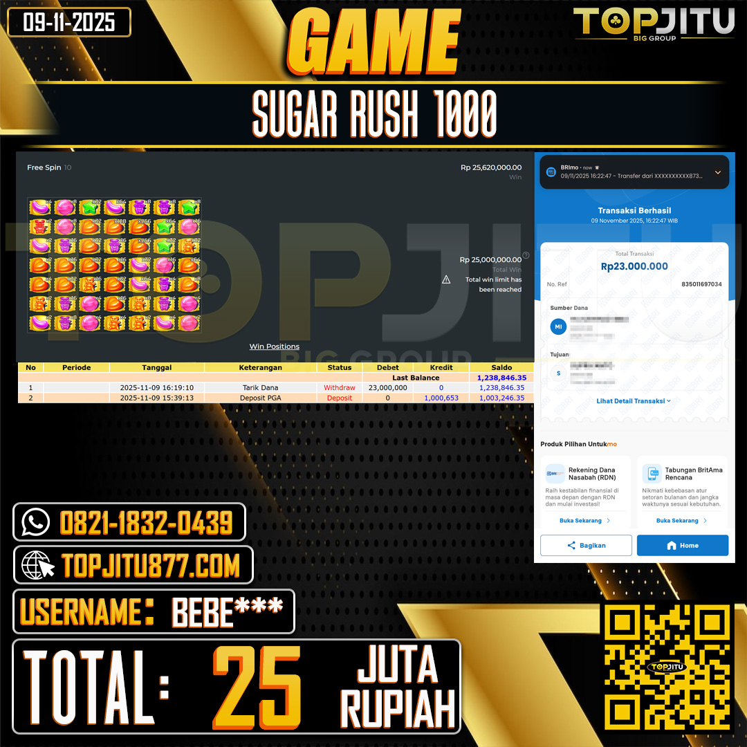   TOPJITU JACKPOT SLOT SUGAR  RUSH 1000 Rp.25.000.000 ,- LUNAS USER ID: BEBE***